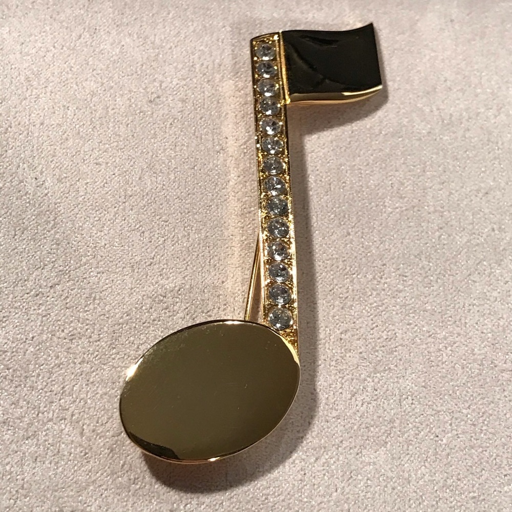 Vintage Signed JJ Gold Crystal Music Note Brooch